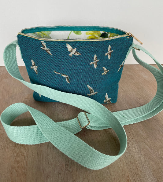 Handgemaakt Schoudertasje/cross-body Petrol met gouden vogels
